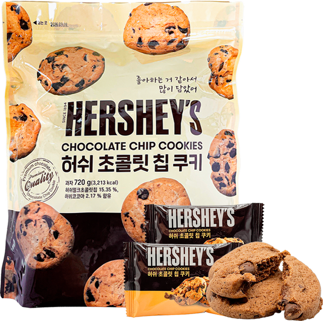 허쉬 쿠키 초콜릿칩쿠키 대용량 초코쿠키 사무실간식, 4개, 720g
