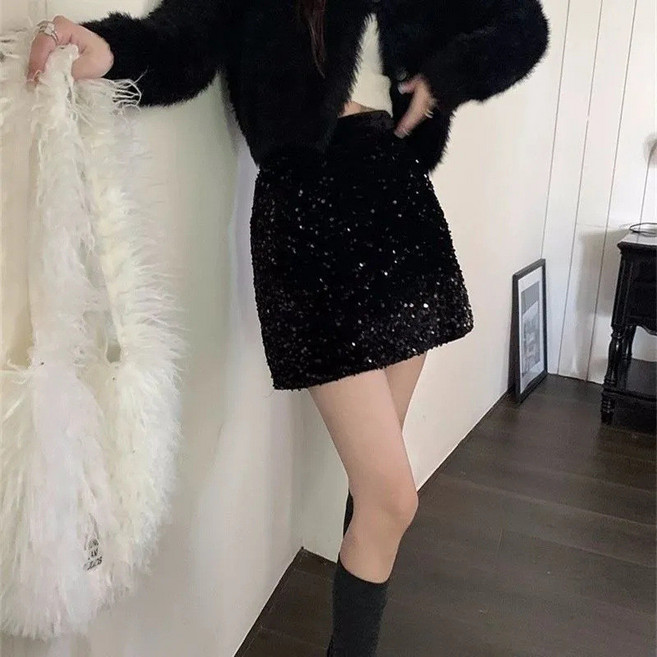 亮片高腰包臀短裙 氣質休閒設計感修身半身裙