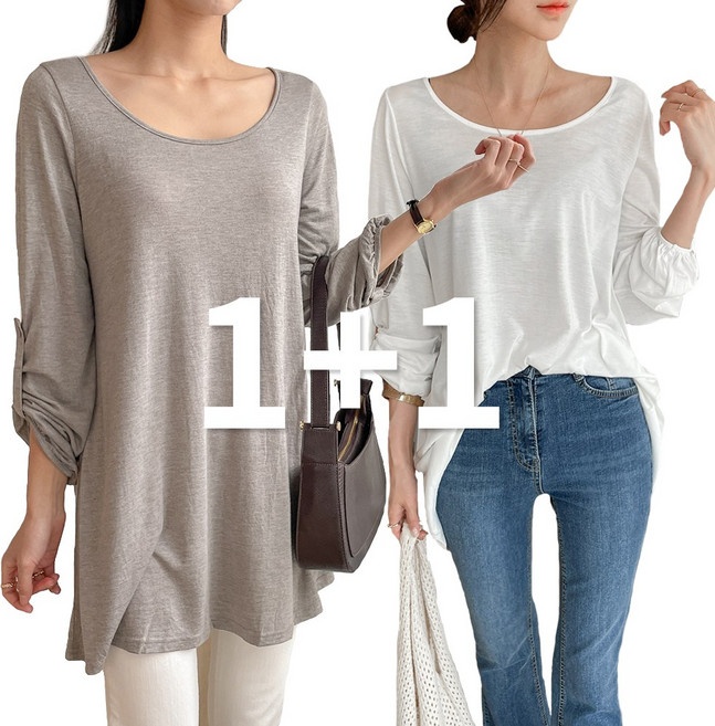 오버나인 1+1 여자 여성 라운드 레이어드 이너 긴팔 롱 티셔츠