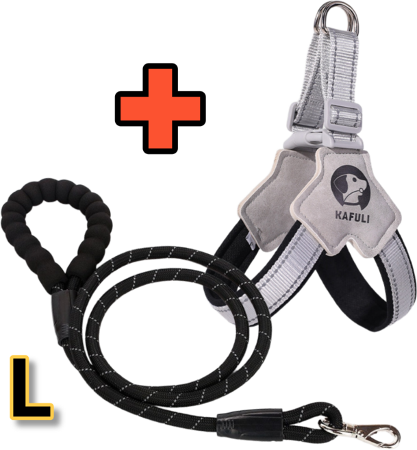 강아지 하네스 Y형 중대형견 반사 리드줄 세트 목 안조이는 가슴줄, 1세트, 블랙