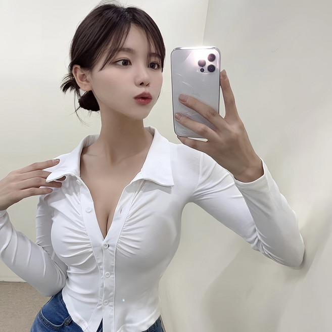 VANANA2 여자 긴팔 반팔 버전 가디건티 몸에 착 붙는 슬림 글램핏 바스트 셔링티셔츠 카라긴팔 밑트임 긴소매T