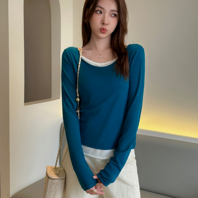 무니유유 텐셀원단 모달 소프트 아이스 쿨 데일리 슬림 라운드넥 투인원 긴팔 티셔츠