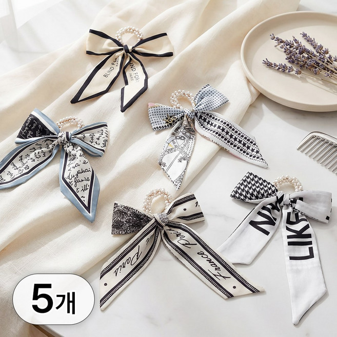 라뷰드 5개 세트 스카프 진주 헤어 곱창 여성 고급스러운 악세서리 밴드 베이직 데일리 포인트 예쁜 스크런치 2in1 멀티 머리끈