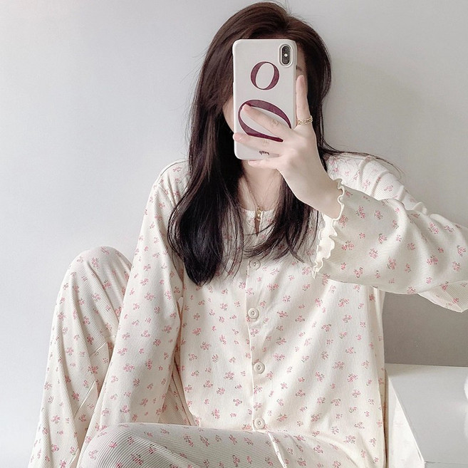 여성 긴팔 긴바지 홈웨어 세트 사계절용 잔꽃무늬 파자마