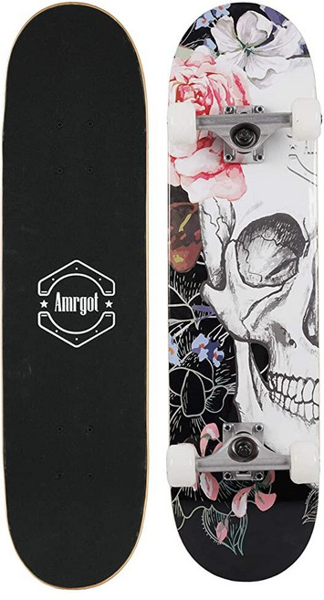 Amrgot 초보자용 스케이트보드 78.7 x 20.3cm(31 8인치) 어린이 남아 여아 및 성인용 컴플리트 7겹 단풍나무 더블 킥 데크 오목한 표준 스케이트보드 40, 9