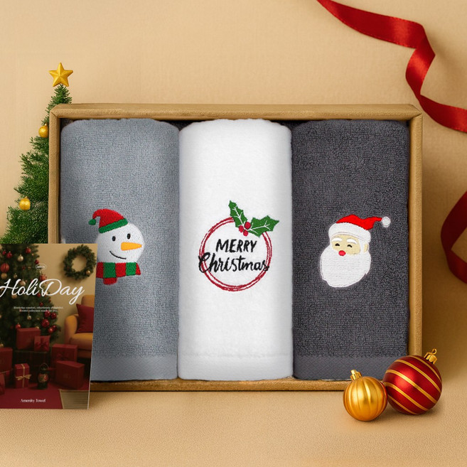 어메니티타올 크리스마스 에디션 150g 3장 수건 선물세트 송년회 단체 기념 타월, 화이트+그레이+다크그레이, 1세트