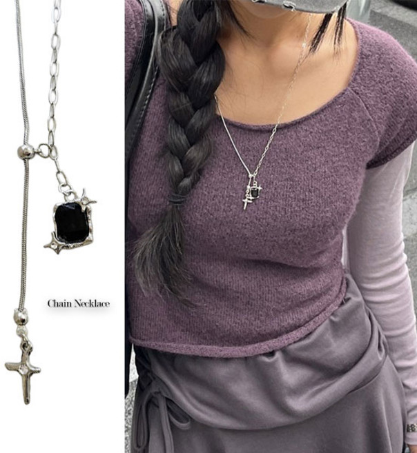 [포인트템]실버 레이어드 롱 목걸이 블랙홀리체인드롭목걸이NE