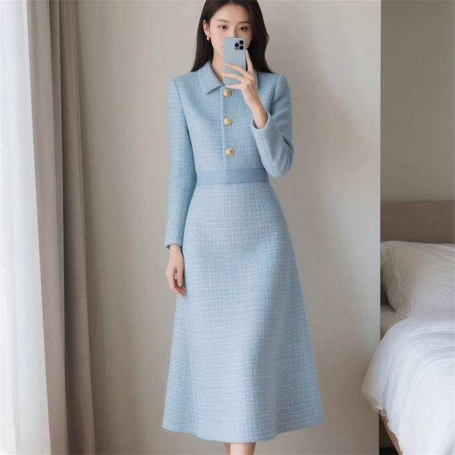 AOKADA 여성 가을 겨울 슬림핏 하객룩 오피스룩 트위드 A라인 정장 롱 원피스