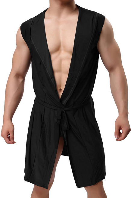 Lu's Chic 남성용 실크 기모노 가운 후드 목욕 가운 Lu's Chic Men's Silk Kimono Robe Hooded Bathrobe Sleeveless Lightw