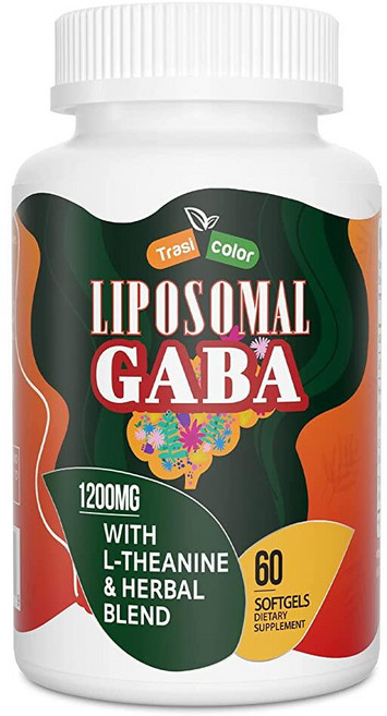Trasicolor 리포솜 GABA L-테아닌 보충제 1200mg - 고흡수 GABA 복합체 아쉬와간다 카모마일 타르트 체리 허브 보충제 남성 및 여성용 소프트젤 60, 1개, 60정, 1개