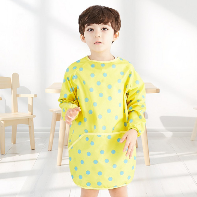 엘리몽 긴소매 유아 미술가운 앞치마, 옐로바탕블루도트