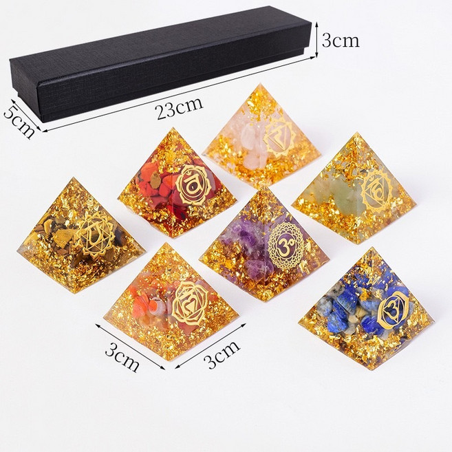 水晶專賣24h出貨 七脈輪 奧根能量塔 碎石水晶能量擺飾, 3CM金字塔套裝金箔款(7個)