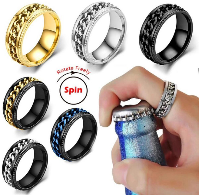 병따개 반지 패션 해골 펑크 티타늄 스틸 회전식 커플 링 다기능 병따개 스피너 체인 회전 링 남녀 약혼 선물