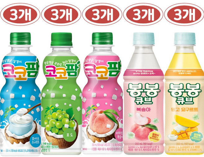 해태 페트음료 5종 3개씩 혼합세트(코코팜화이트+포도+피치핑크+봉봉큐브복숭아+봉봉큐브망고), 15개, 300ml