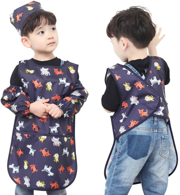 아동용 방수 앞치마두건토시세트, 곤색동물