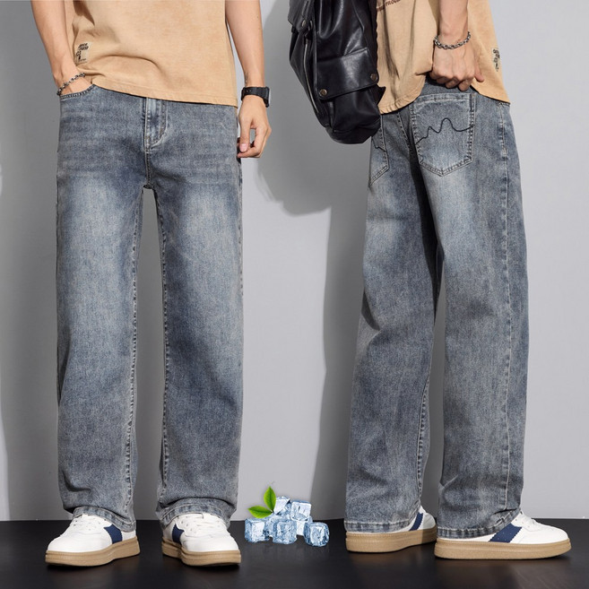 wassup 남자 여름 청바지 스판 얇다 와이드팬츠 일자핏 스판 와이드팬츠