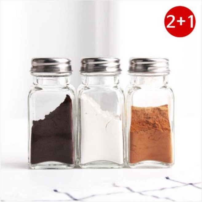 유리 사각 파우더병 2+1 세트 후추통 시나몬 초코가루 소금 조미료 스텐 파우더통, 3개, 60ml