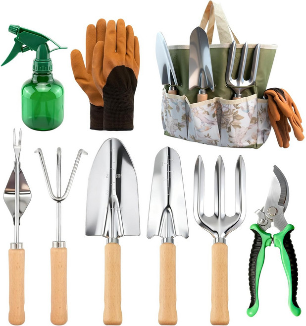 9종 원예도구 세트 전문가용 정원 관리 풀세트 식물 가지치기 용 삽 써레 물뿌리개 세트 공구 그린, 1세트