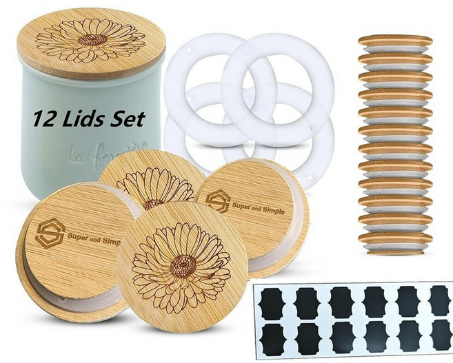La Fermiere 요거트 병 뚜껑 대나무 | 올리브 가지 디자인 | La Fermiere 요거트 세라믹 병용 대나무 뚜껑 4팩 | La Fermiere 유리 요거트 냄비 커, 대나무 뚜껑 12개 - 애스터 플라워 디자인 - 비코팅