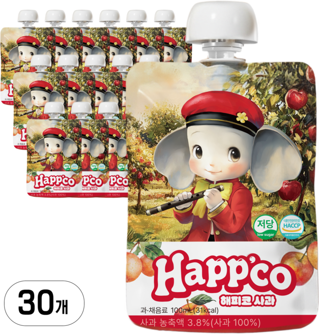 해피코 저당 어린이 키즈 아이 사과주스, 30개, 100ml