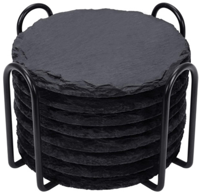 YGG 스톤 위스키 칵테일 술잔 받침대 코스터 세트, 원형, 1세트, 블랙