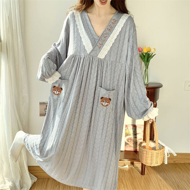 여름 여성 긴팔 잠옷 봄가을 빅사이즈 ins 스타일 원피스 빅사이즈홈웨어