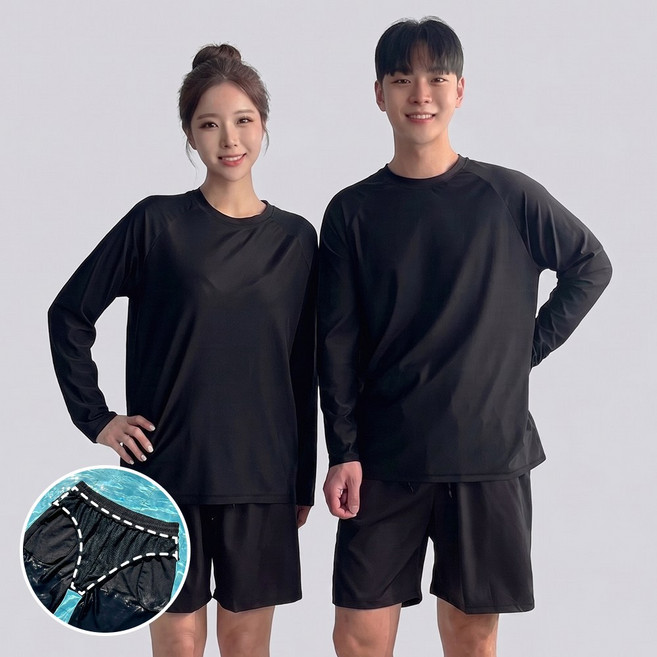 핏노블 남자 여성 래쉬가드 상하의 세트 수영복 루즈핏 비치웨어, 블랙