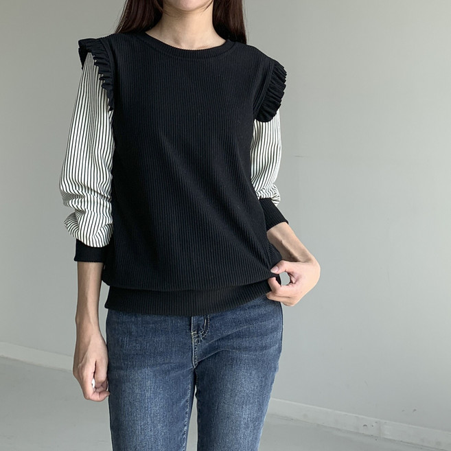 [행복여] 스트라이프 레이어드 배색 어깨 프릴 골지 티셔츠