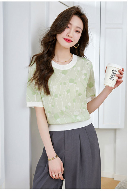 크루 넥 텐셀 니트 티셔츠 여성용 쇼트 여름 새로운 반팔 탑 얇은 아이스 실크 티셔츠 하이 엔드 센스 lf