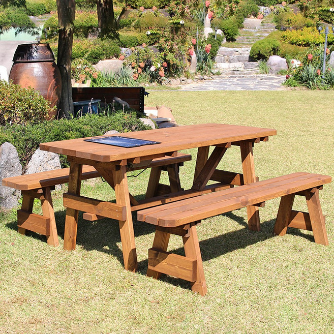 숲에온 편리한 분리형 바베큐그릴포함 숯불 야외 원목 테이블 의자 세트 평상 마루 카페 만들기 (파라솔 별매), 4인 분리형 바베큐 도토리도색