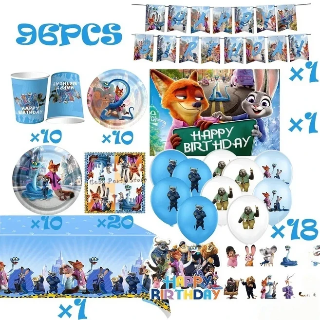 주토피아 2 테마 파티 장식 접시 테이블보 케이크 토퍼 배너 컵 생일 크리스마스 어린이 용품, 19 96pcs