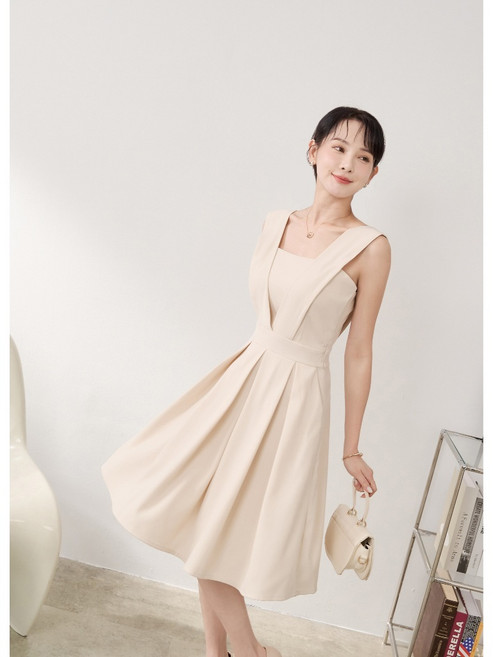 MYDRESS 性感優雅修身洋裝 婚禮尾牙穿搭, 杏色,S