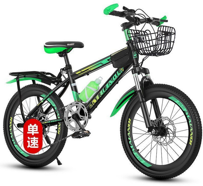 兒童自行車 男孩女孩學生單車 輕便, 1個, (避震碟剎+單速黑綠色+戰神版)18寸適應身高120/135厘米