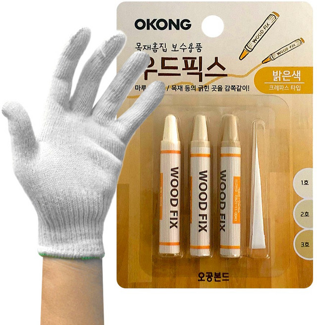 오공 우드픽스 + 면장갑 마루바닥 찍힘 보수 강마루 강화마루 장판 원목 걸레받이 가구 보수제, 밝은색, 1세트