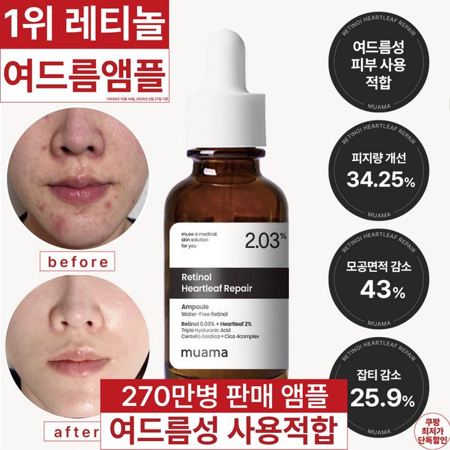 3일 여드름 순삭 진정 모공면적감소 피지감소 임상완료 [270만병 판매기념 할인] 고함량 레티놀 어성초 히알루론산 나이아신아마이드 뮤아마 앰플, 1개, 30ml