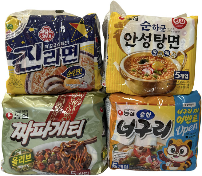 (장우)봉지라면 순한맛 4종 (진라면5p+안성탕면5p+짜파게티5p+너구리5p), 20개