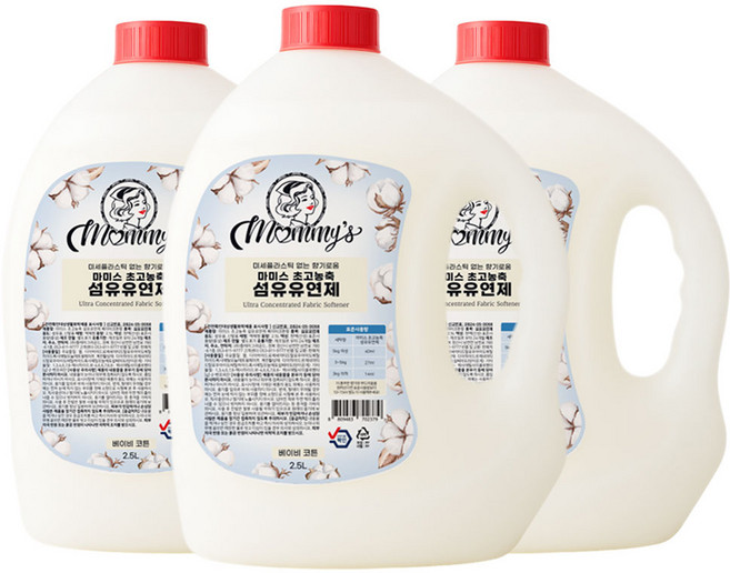 마미스 초고농축 섬유유연제 베이비코튼향, 2.5L, 3개