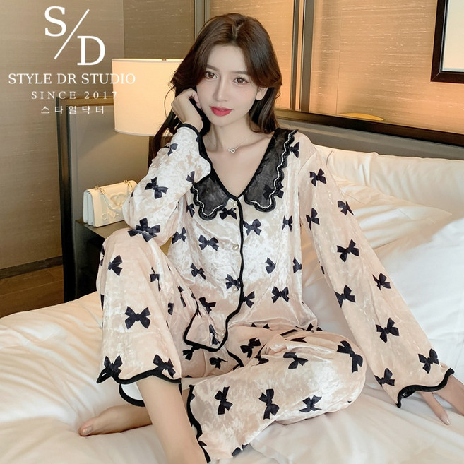 스타일닥터 여성 가을 춘계 극세사잠옷 패션 리틀 하트 리본 패턴 파자마세트 도파민 빅사이즈 홈웨어 쾌적하다 수면잠옷