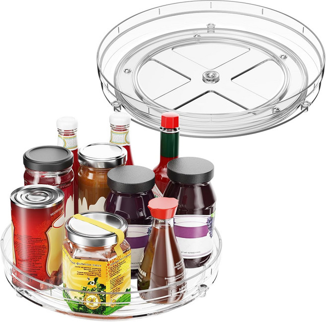 Optish 2팩 Lazy Susan Organizer 캐비닛용 9.5인치 턴테이블 스파이스 랙 냉장고 정리함 및 식료품 저장실 옷장 조리대 미끄럼 방지, 9.5+10.7in, 2