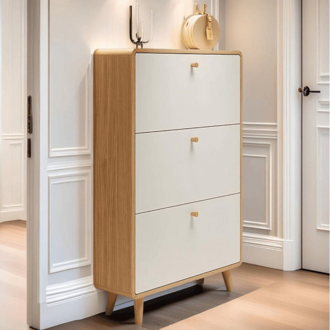 (무료 설치) 슬림 신발장 현관 신발장 신발수납정리대 폴딩형 미니신발장 XG-520A, 3단, 원목+화이트-90*17*120CM