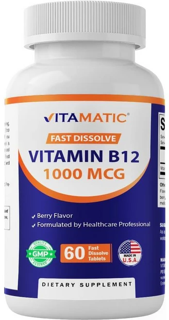Vitamatic 비타민 B12 1000mcg 빠른 용해 - 365정 - 천연 베리 맛 - 에너지 신진 대사 및 신경계 건강 지원, Vitamatic 비타민 B12 1000mcg 빠른 용, 1개 - 쿠팡