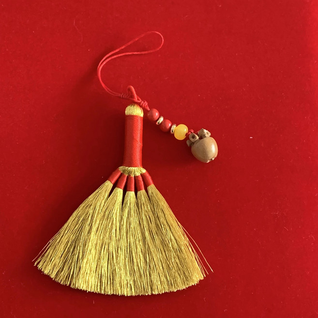 재물 빗자루열쇄고리 불교용품 오색실 키링 풍수소품, 복숭아 사과 황금 빗자루, 1개