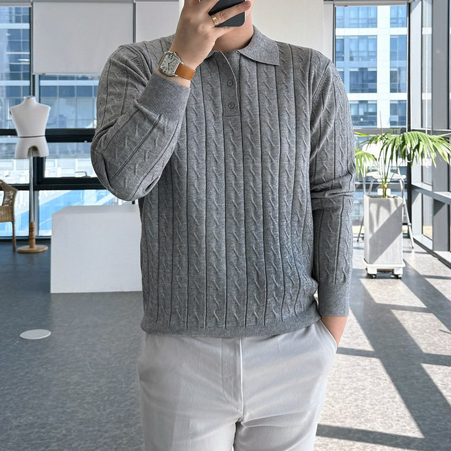 룩플레인 물결 짜임 케이블 긴팔 니트 카라 티셔츠 5color
