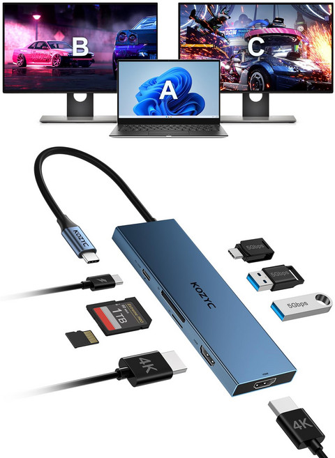 KOZYC USB C 8-in-1 USBC HDMI USB-C 3.0 2xUSB-A 3.0 SDTF 100W PD HPDell 도킹 스테이션 듀얼