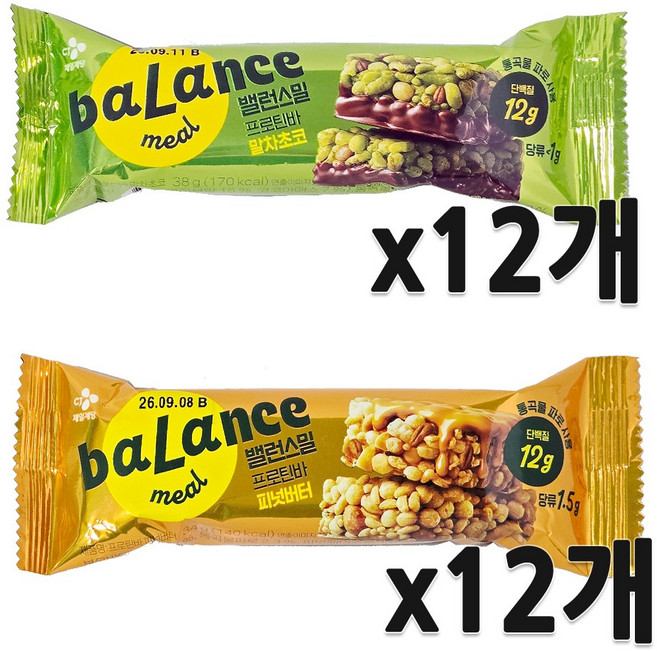밸런스밀 프로틴바 말차초코 38g 12입 x1개+피넛버터 34g 12입 x1개, 없음, 없음