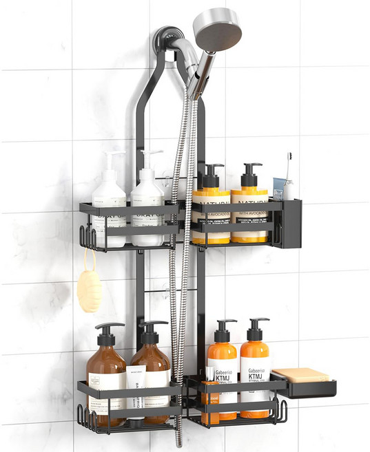 샤워기 거치형 욕실 수납 선반 2단 무드릴, 1개, 검은색