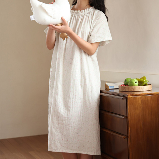 스토리원 WM-SSSP030 여성 셔링넥 시원한 홈웨어 원피스 잠옷