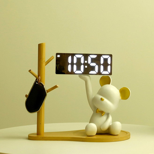 플랜와이 손든 곰돌이 LED 시계 인테리어 우드 트레이 세트, 화이트+우드