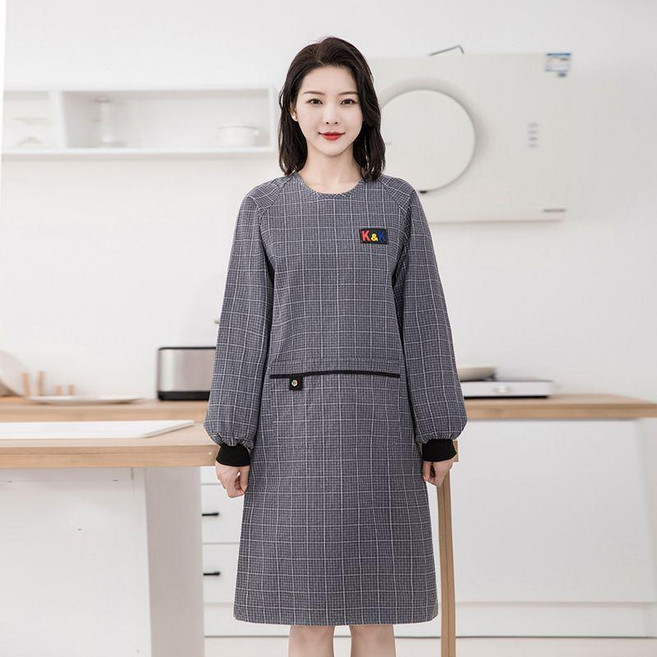 純棉長袖罩衣圍裙家用廚房做飯女透氣舒服帶袖防污工作服 副廠商品, 1個, A71長袖精梳棉-灰色, A71長袖精梳棉 灰色