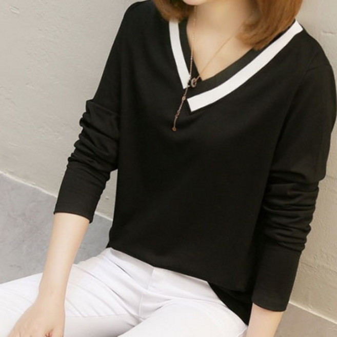 데일로엔 반 브이넥 무지 라인 여성 긴팔 티셔츠